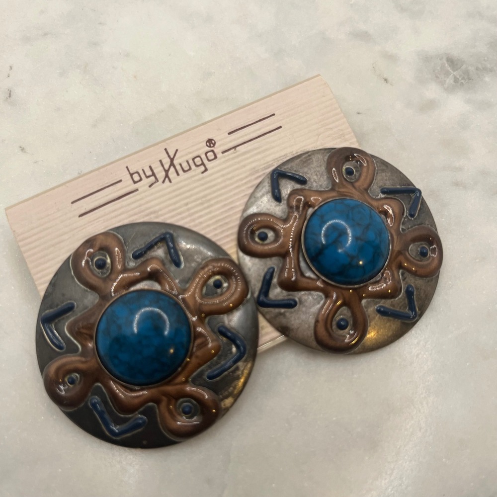 Vintage Southwestern Statement Earrings Hugo Faux Turquoise Enamel Aztec Jewelry